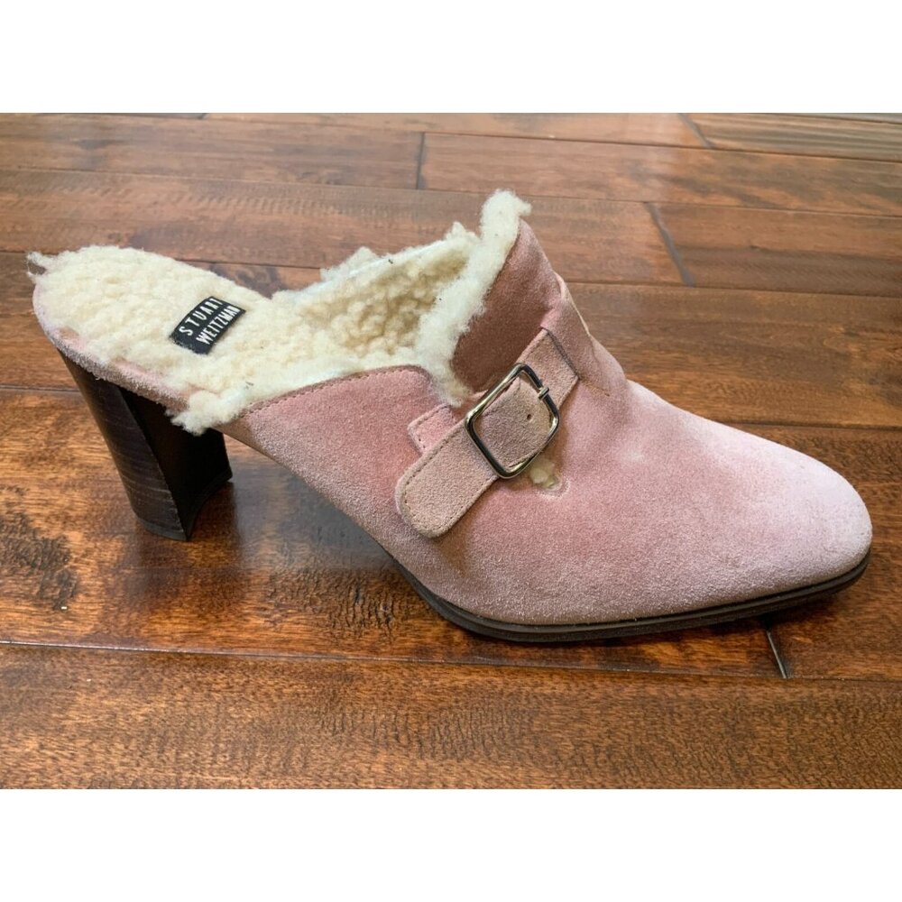 Stuart Weitzman Pink Suede Lambswool Lined Mule Heels Buckled, Size 7.5